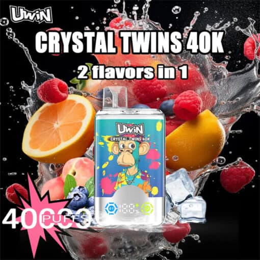 UWIN Crystal Twins 40K vape-apparaat met een kleurrijke cartoon-aapillustratie, omringd door spetterend fruit, ijsblokjes en bessen, met reclame voor 2 smaken in 1 en 40.000 trekjes.UWIN Crystal Twins 40000