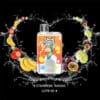 Uwin Crystal Twins 10K Vape-apparaat met een cartoon-aap in een laboratoriumjas, omringd door bananen, aardbeien, meloenen en passievruchten op een zwarte achtergrond met waterspatten in de vorm van een hart.
