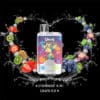 Kleurrijk vape-apparaat met een cartoon-aapontwerp, omringd door spetters water, aardbeien, kiwi, druiven en ijsblokjes, met smaken als aardbei, kiwi en druivenijs.