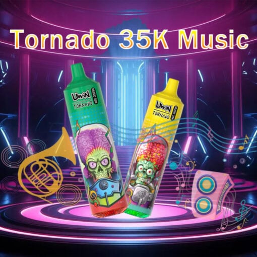 Kleurrijke promotiefoto met twee Unwin Tornado 35000 Music-vapes, versierd met cartoonachtige buitenaardse schedels, op een futuristisch, neonverlicht podium met muzieknoten, een afbeelding van een hoorn en een illustratie van een luidspreker.