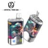 Twee Crystal Twin 50K vape -apparaten met kleurrijke astronauten kunstwerken, metalen accenten en heldere mondstukken, met productmerken en smaakdetails zichtbaar.