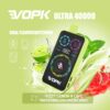 Promotional Image For The Vopk Ultra 40000 Vape Device Featuring Dual Flavor Switching, A Digital Display, And Flavor Options Of Fizzy Lemon &Amp; Lime And Watermelon Fresh Mint, Shown With Splashing Lime, Watermelon, And Mint Leaves In The Background.
