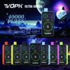 Colorful Vopk Ultra 40000 Disposable Vape Devices Displayed Against A Futuristic Space Background, Highlighting Features Such As 40000 Puffs, Rgb Screen Display, Dual Flavor Switching, And A Child Lock.