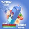Promotie-afbeelding voor Vopk Triple Vape-apparaat met een blauwe en turquoise behuizing met een cartoonleeuw met een zonnebril, omringd door waterspatten, aardbeien, meloen, watermeloen en een ijshoorntje, met de nadruk op 3-in-1-smaken en 60.000 trekjes.