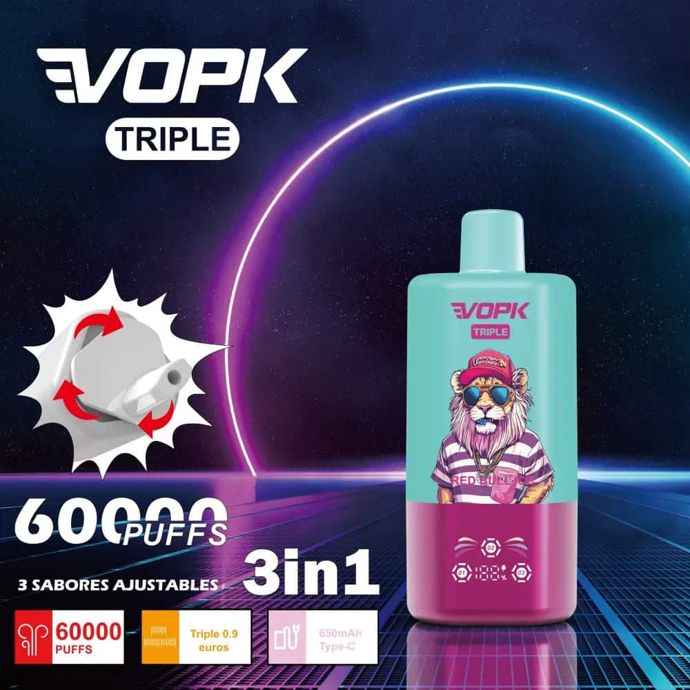 Promotiefoto voor een VOPK Triple 60000 vape met 60.000 trekjes, drie instelbare smaken en een cartoonleeuw met een zonnebril en een pet op het apparaat, tegen een neonkleurige sciencefictionachtergrond.