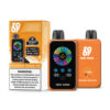 Zooy Zero 45000 Strawberry Orange Pop Disposable Vape Device en zijn oranje verpakking, met een kleurrijk cirkelvormig display, ijs -indicatoren en gezondheidswaarschuwingslabel.