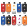 Tien kleurrijke 369 nul 45000 vape -apparaten weergegeven in twee rijen, elk met een unieke smaak en bijbehorende fruitillustratie met Engelse en Chinese tekst, waaronder smaken zoals aardbeienwatermeloen, mango -passie guave, citroen cola en bosbessenijs.