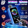 Advertentie voor het Zozoy Zero 45000 vape -apparaat met een blauw en zwart slim display met verstelbare nicotine- en ijsniveaus, een robotachtige hand die het scherm raakt en gemarkeerde functies zoals verstelbare luchtstroom en tien beschikbare smaken.