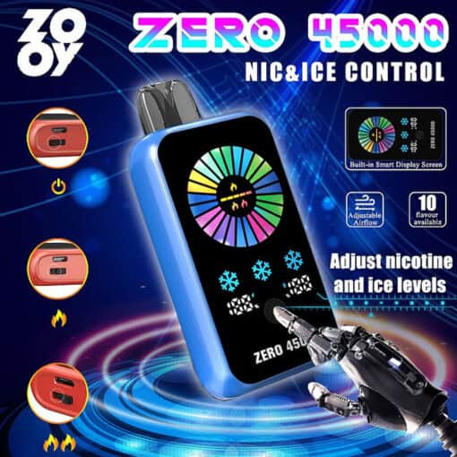Advertentie voor het ZOZOY Zero 45000 vape-apparaat met een blauw-zwart slim display met instelbaar nicotine- en ijsniveau, een robothand die het scherm aanraakt en opvallende functies zoals instelbare luchtstroom en tien beschikbare smaken.