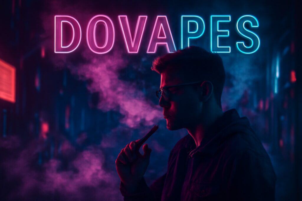 Person wearing a dark hoodie standing in a neon-lit alley with pink and blue vapor, beneath a glowing 'DOVAPES' sign.
