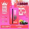 Promotionele afbeelding voor Bang Blaze Joycome wegwerpapparaat Device in roze, met acaibessen, oranje plak, ijsblokjes en een gestileerde schedel met een kleurrijke hoofdtooi op de achtergrond, markeert functies zoals 4000 puffs, 40 ml volume, 650 mAh batterij en Acai Storm Ice Flavom.