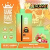Bang Blaze Wegwerp Vape-apparaat met een kroonlogo, damp, met smaken met strandhema, zoals Raspberry Watermelon, productkenmerken zoals Mesh Coil en 650 MAH-batterij, een geïllustreerde schedelachtergrond en fruitbeelden.