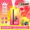 Advertentie voor een Bang Blaze Joycome Disposable Vape met een kleurrijk apparaat, smaakopties van mango perzik watermeloen, afbeeldingen van overeenkomstige fruit en vetgedrukte tekst die 40.000 kiezels, 40 ml volume, een 650 mAh batterij en een levendige achtergrond met een gestileerde schedelafbeelding benadrukt.