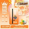 Bang Blaze Joycome wegwerpapparaat met een schedel die een kroonontwerp draagt, met ananas mango en ananas kokos ijsaroma's, en details ongeveer 40 ml volume, 650 mAh batterij en 4000 trekjes, ingesteld tegen een oranje achtergrond met fruitillustraties.