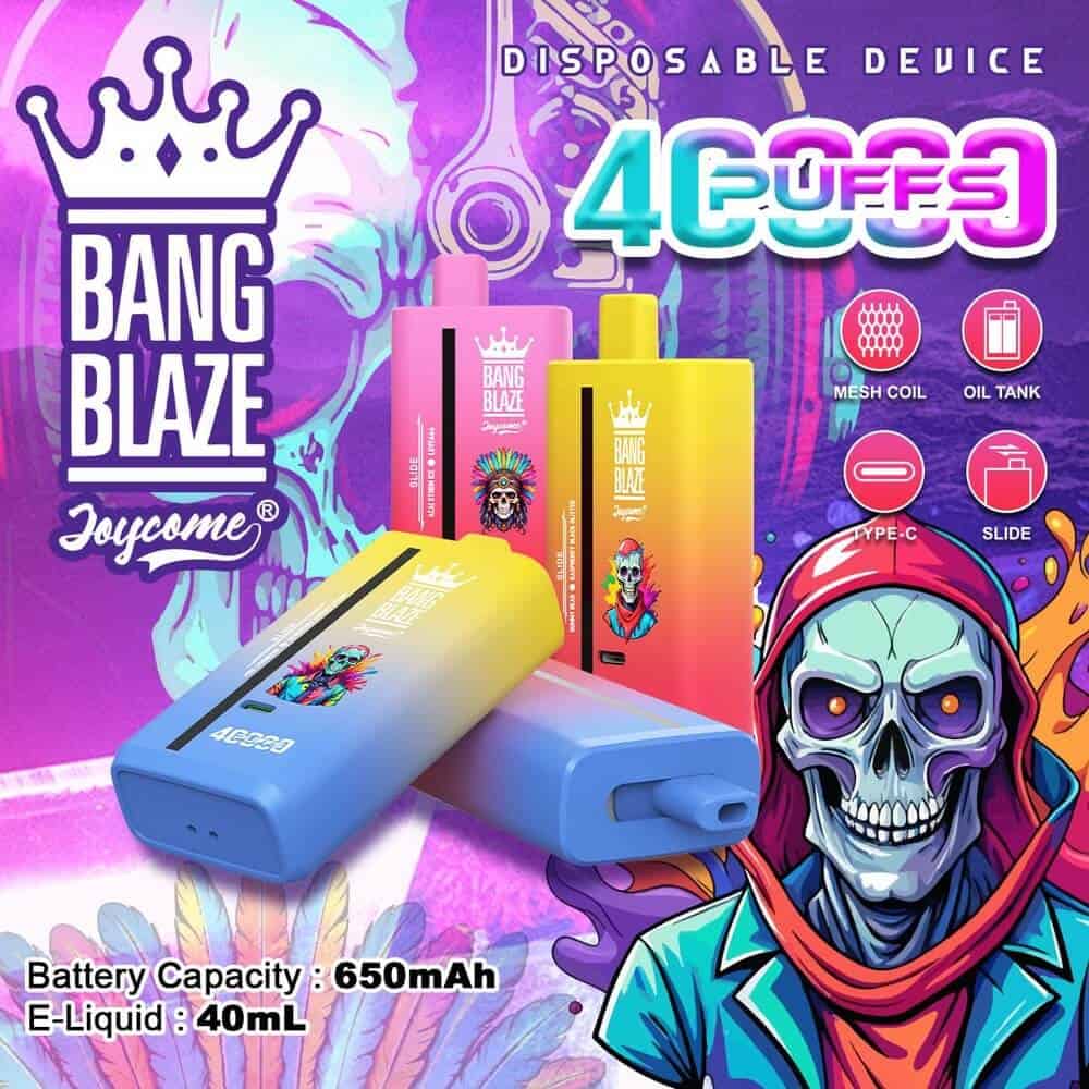 Kleurrijke promotie-afbeelding met Bang Blaze wegwerp-vape-apparaten in geel, roze en blauw met cartoon-schedelillustraties, technische specificaties en levendige achtergrondafbeeldingen. Bang Blaze 40000