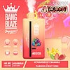 Kleurrijke advertentie voor Bang Blaze Joycome Disposable Vape -apparaat met 4000 trekjes, gaasspoel, 40 ml volume, 650 mAh batterij en smaken vermeld als aardbeienbanaan en passievrucht Kiwi, met fruitbeelden en een levendige, gestileerde achtergrond.