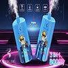 Twee Bang de wegwerpvampen met cartoon aap illustraties en kronen, damp uitzending, met tekst die 3-in-1 smaakopties benadrukt, 8000 trekjes en technische specificaties tegen een futuristische neon-verlichte achtergrond.