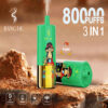 Twee Green Bang de wegwerpapparaten VAPE-apparaten met een cartoonaapafbeelding en gouden bodem, geplaatst op een rotsachtig oppervlak, met '80, 000 puffs ',' 3 in 1 ', en pictogrammen die een batterij van 650 mAh, 20 ml x3 volume en Type-C-opladen aangeven.