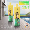 Twee gele en groene knal de wegwerpapparaten vape-apparaten met een cartoon-aapontwerp, ingesteld op een poolside-dek, met hoogtepunten zoals 8000 puffs, 3-in-1 smaak en drievoudige rotatiefunctie.