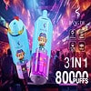 Twee kleurrijke Bang de 3-in-1 wegwerp-vape-apparaten met cartoonafbeeldingen, weergegeven over een levendige nachtclubachtergrond met productkenmerken zoals 80.000 puffs, 650 mAh batterij en Type-C opladen gemarkeerd.