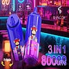 Advertentie voor Bang de 3-in-1 vape-apparaat met een cartoonaap met een rood vizier, gewaagde tekst die 80.000 trekjes en drievoudige smaak benadrukt, tegen een neon verlichte bar achtergrond.