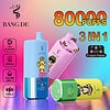 Kleurrijke advertentie voor Bang de 80000 3-in-1 wegwerpvape met 80.000 trekjes, e-vloeistofdisplay, 650 mAh batterij, 20 ml x 3 volume en cartoon apen-tekens op de apparaten.