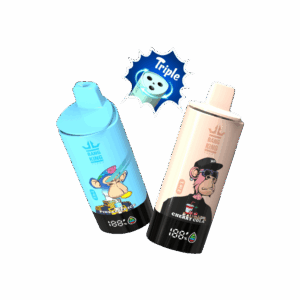Twee wegwerp-vape-apparaten van Bang King met cartoon-illustraties van apen, één blauw met het label 'Pineapple Ice' en één beige met het label 'Shade Cherry Cola', met daarboven een afbeelding van een pictogram met drie dobbelstenen.