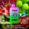 Kleurrijk vape-apparaat met het label 'Bang Leader' 32.000 trekjes, omgeven door verse aardbeien, groene appels, kiwi's en frambozen, met de fruitsmaken aardbei-kiwi, zure appel en framboos.