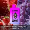 Bang Leader Vape-apparaat met het label '3200 Puffs' met een illustratie van een gorilla, omringd door spetterende aardbeien, watermeloen en druiven, ter promotie van de smaken aardbei-, watermeloen- en druivenijs.