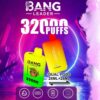 Advertentie voor Bang Leader 32000 wegwerp-vape-apparaten met twee kleurrijke vape-units met tekstmarkering van 32.000 trekjes, dubbele pods (28 ml + 28 ml) en een achtergrond met neonlichten en dampwolken.