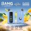 Twee Blue Bang Leader Vape-apparaten met digitale displays, omringd door illustraties van bananen en mango's, met dubbele smaak, tot 50.000 trekjes en belangrijke functies zoals Type-C-opladen, 650 mAh-batterij, dubbele mesh en instelbare instellingen.