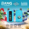Bang Leader Vape-apparaten in het blauw met een tijgerprint, met digitale schermen, dubbele smaakoptie, tot 50.000 trekjes, opladen via USB Type-C, 650 mAh-batterij, dubbel mesh-systeem en instelbare instellingen, tegen een achtergrond van frambozen, bosbessen en een strandtafereel.