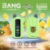 Promotie-afbeelding voor Bang Leader Vape-apparaten met twee groene vapes, ananas- en citrusaccenten, tijgerlogo en functies zoals dubbele smaak, 50.000 trekjes, Type-C-opladen, 650 mAh-batterij, dubbele mesh en instelbare instellingen.