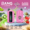 Promotie-afbeelding voor de Bang Leader wegwerp-vape in roze, met twee apparaten met digitale displays, fruitsmaken zoals kiwi en aardbei, ijsblokjes en belangrijke functies zoals 50.000 trekjes, dubbele smaak, Type-C-opladen, 650 mAh-batterij, dubbele mesh en instelbare instellingen.