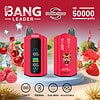 Bang Leader Double Flavor Vape-apparaat in het rood, met een digitaal display en een tijgerprint, omringd door spetterend fruit, waaronder aardbeien, kersen, frambozen en ijsblokjes, met tekstmarkering 50.000 trekjes, opladen via USB Type-C, 650 mAh-batterij, dubbele mesh en instelbare instellingen.