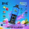 Promotionele afbeelding voor AFUS VAPE-apparaat, waarbij vier smaken worden benadrukt (citroenmunt, aardbeienijs, bosbessenijs en aardbeienwatersmeloen) met een groot blauw vape-apparaat in het midden, omgeven door fruit en productkenmerken zoals 6000 trekjes, 650 mAh batterij, verstelbare smaken, e-liquidcapaciteit, mesh-spoel en schermweergave.