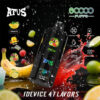 Promotionele afbeelding voor AFUS vape-apparaat met een zwarte vape pen omringd door spatten van sap en fruit, adverteert 60.000 suffels, vier smaken (bananenijs, rode stier, gemengd fruit, citroen limoen), en functies zoals verstelbare smaken, 650 mAh batterij, 36ml e-liquid, mesh coil en een schermweergave.