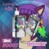 Promotionele afbeelding voor Airmez Fox Vape met twee vape-apparaten met een cartoonvos in een paarse beanie op de labels, en tekst die 2-in-1 smaken benadrukt (Strawberry Kiwi, Strawberry Ice) en 8000 trekjes.