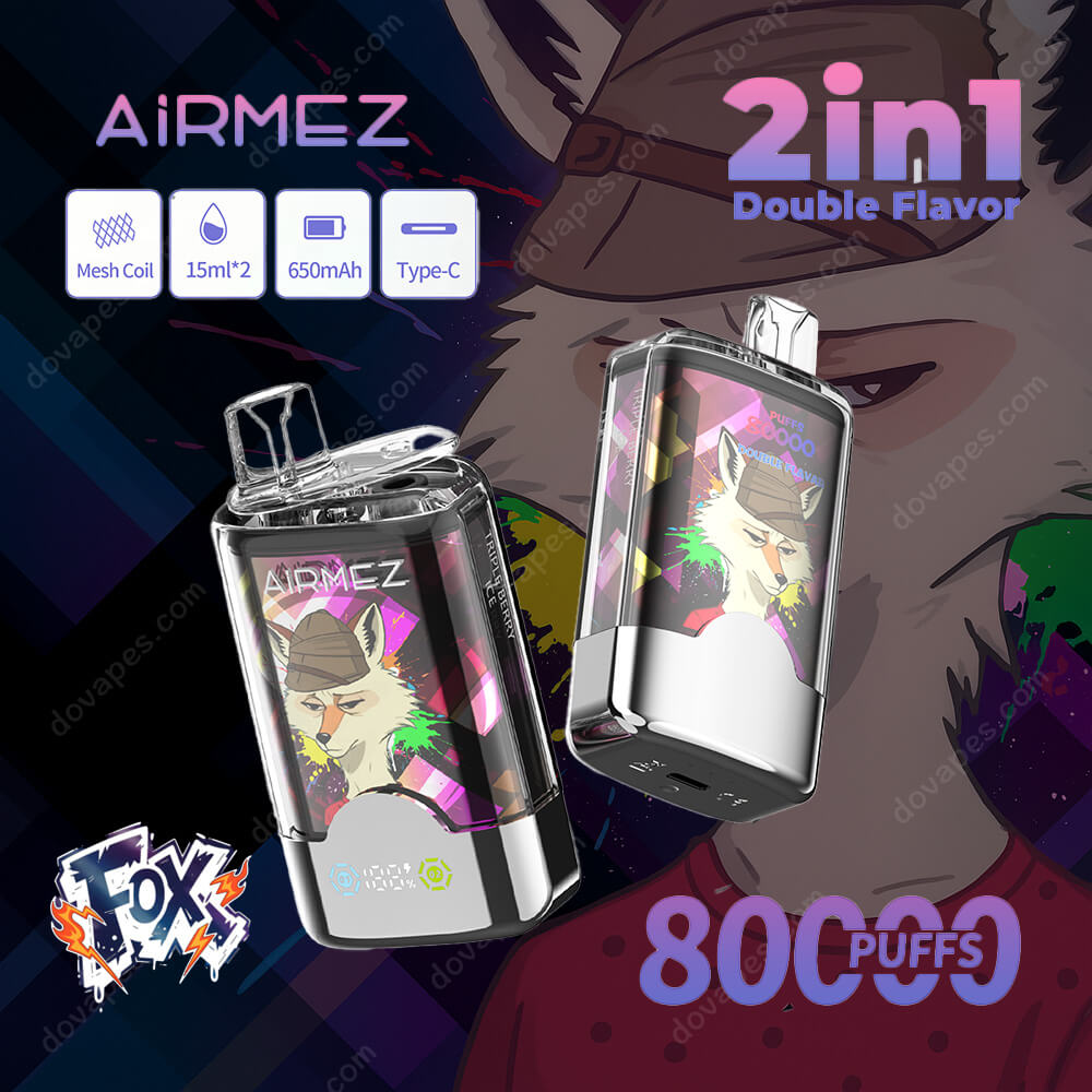 Promotionele afbeelding voor Airmez 2-in-1 dubbele smaak vape-apparaat met een vossenillustratie, advertentiemesh spoel, dubbele 15 ml capaciteit, 650 mAh batterij, Type-C opladen en 8000 trekjes.