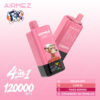 Deux dispositifs de vape jetables 4-en-1 Pink Airmez avec un chien de dessin animé portant des lunettes et un bonnet, avec 120 000 bouffées et quatre saveurs répertoriées: Red Mojito, Love 66, Berries mixtes et la pastèque de fraises, affichée sur un fond dégradé rose avec la marque Fox.