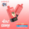 Airmez Fox 4-en-1 dispositif de vape jetable en rouge avec un graphisme Fox Cartoon, des indicateurs de saveurs et une liste de quatre saveurs: Love 66, cerise, bleuet sur la glace et goyave de fruits de la passion Kiwi, positionnée sur un fond rose dégradé avec texte `` 120000 bouffées ''.
