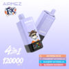 Un dispositif de vape 4-en-1 de Fox Fox Purple Airmez avec une illustration Fox Cartoon, des boutons de sélection de saveurs et étiqueté pour 120 000 bouffées;
