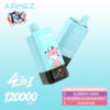 Dispositif de vape jetable Airmez Light Blue Airmez avec une illustration de mascotte Fox, mettant en évidence des saveurs 4 en 1 et 120 000 bouffées, avec des saveurs répertoriées, notamment la pastèque de pêche, la cerise aux myrtilles, le fruit du dragon de pastèque et la passion.