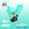 Airmez Fox 4-en-1 Dispositif jetable de vape en turquoise avec une illustration Fox, une marque de produit et des options de saveur: glace de pêche, limonade rose, glace de pastèque et Dr Blue, avec une capacité bouffante de 120 000 points gonflés.