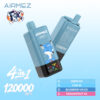 Deux appareils de vape jetables de Fox Blue Airmez avec un renard de dessin animé dans une casquette, avec des icônes montrant quatre saveurs disponibles: glace de raisin, amour 66, bleuet sur la glace et glace de fruit dragon et texte promotionnel indiquant 120 000 bouffées et des saveurs 4 en 1.