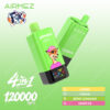 Green Airmez Fox 4-en-1 Dispositif de vape avec un renard de dessin animé portant un chapeau rose et une chemise rayée, avec des saveurs sélectionnables: cerise, amour 66, limonade de baies et glace de raisin;