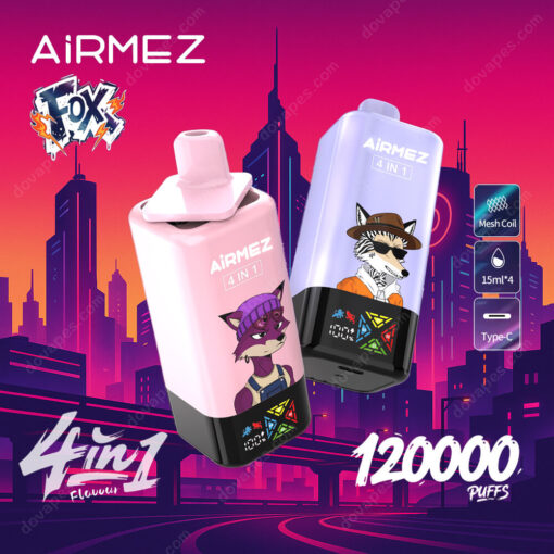 Une image promotionnelle pour les appareils de vape Airmez 4 dans 1 avec des personnages de Fox Cartoon sur chaque appareil sur un fond de paysage urbain dynamique, avec des reflets des produits, notamment une bobine de maille, une capacité de 15 ml x4, une charge de type C et 120 000 bouffées.