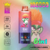 Kleurrijke advertentie voor een Bang Blaze 6 in 1 vape-apparaat met een cartoonaap met wild oranje haar, productspecificaties zoals 10.000 puffs, 850 mAh batterij, type-C opladen en 6 verstelbare smaken, met een digitaal scherm en pictogram met olietank.
