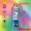Wegwerp vape-apparaat met een cartoonaap die een blauwe dop en trui op het etiket draagt, reclame voor 10.000 trekjes, 6 verstelbare smaken, 850 mAh batterij, Type-C opladen, olietank en LED-scherm, met een regenboogkleurige achtergrond.