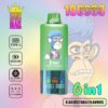 Kleurrijk vape-apparaat met een cartoonblauwe aap in een bril, met het label 'Bang Blaze 6 in 1 bosbessenbroebberry', met pictogrammen die type-C opladen, 850 mAh-batterij, verstelbare smaken, LED-schermscherm en maximaal 10.000 trekjes aangeven.
